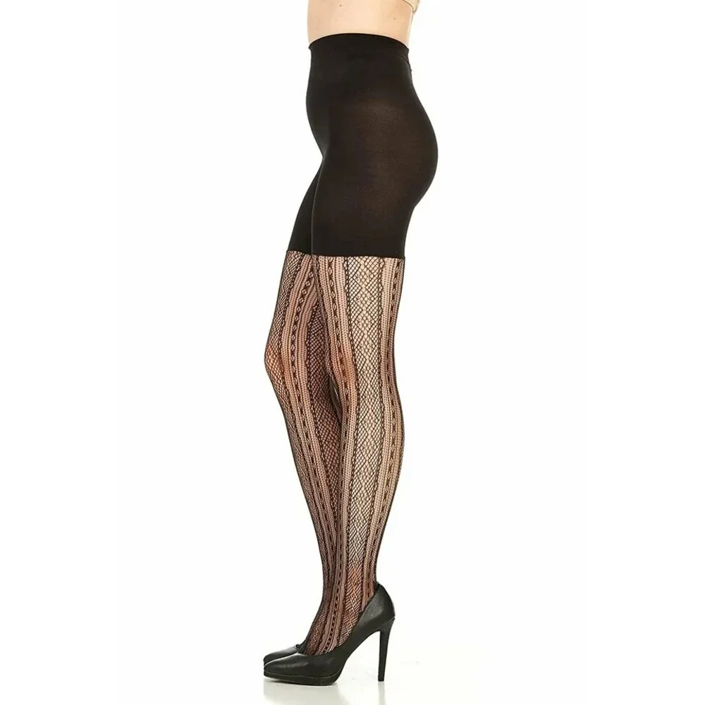 SPANX‎ STAR POWER DOUBLE DIAMOND STRIPE SHAPING TIGHTS Size C  BACKDROP BLACK